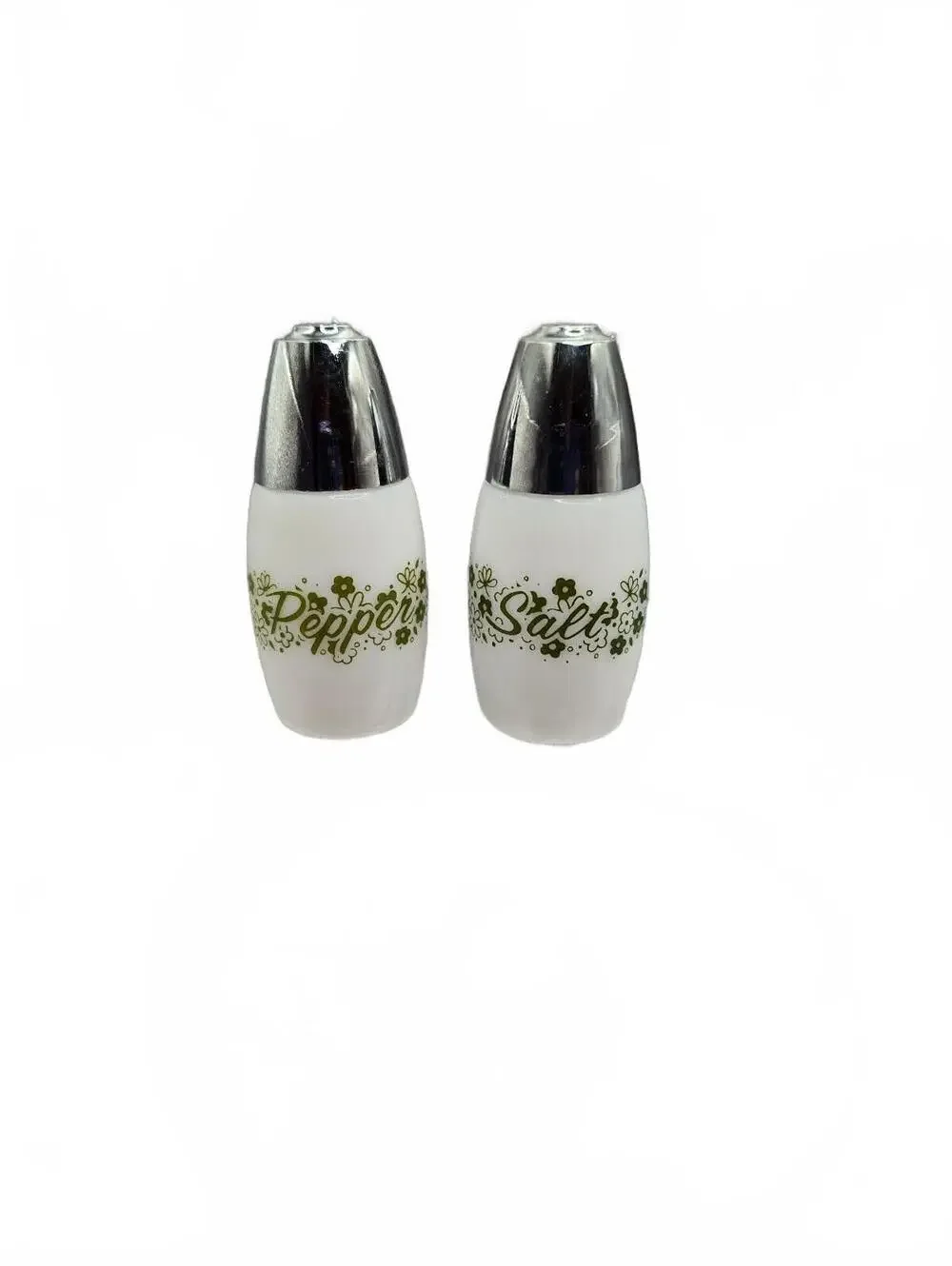 Vtg Spring Blossom Salt and Pepper Shakers with silver tone tops Corningware